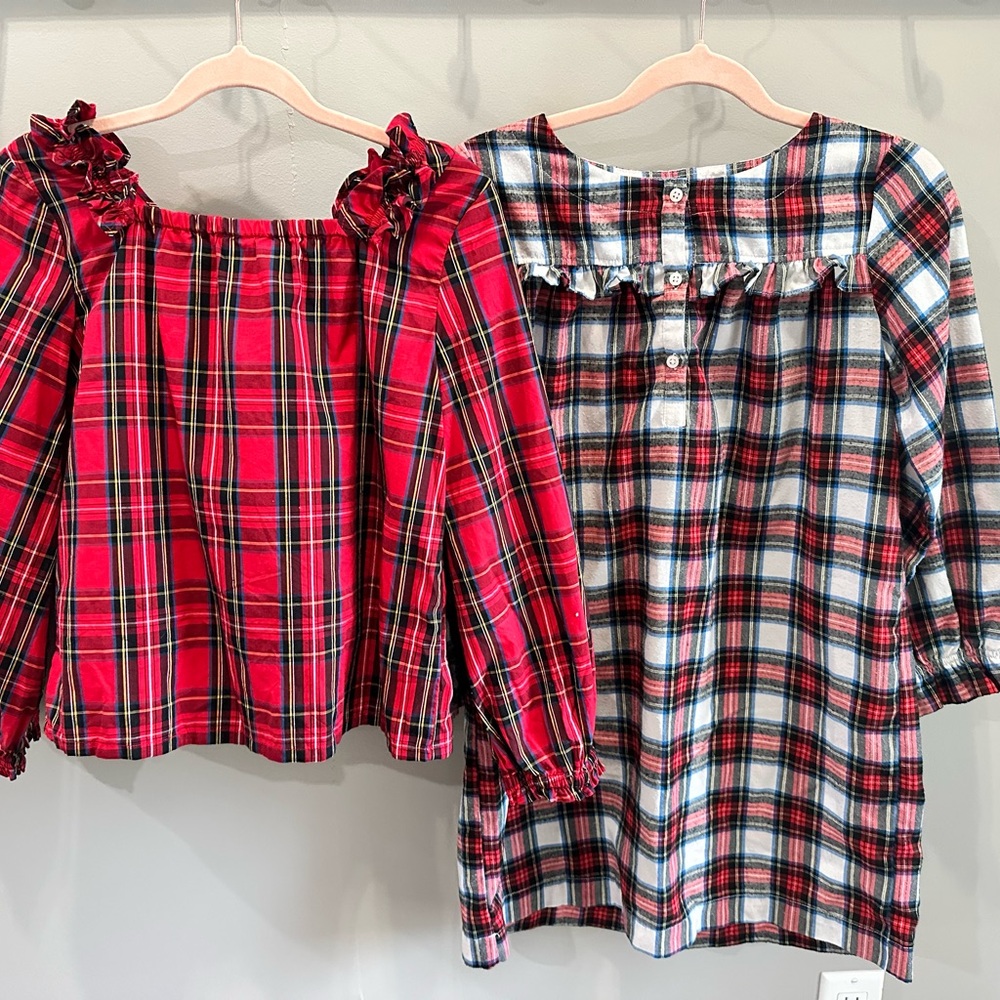 Crewcuts Plaid Ruffle Shoulder Top and Red & White Plaid Pajama Dress